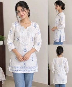 White Kurta with Blue Embroidery