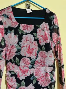 Floral Mesh Ruched Maxi Dress
