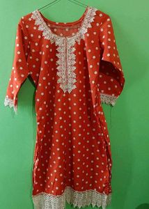 Elegant Red Polka Dot Kurta with Lace Detail