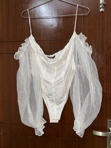 White Off-Shoulder Mesh Sleeve Bodysuit