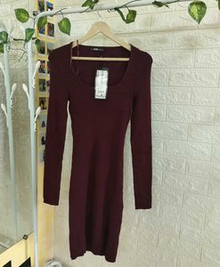 Branded Maroon Ribbed Bodycon Dress