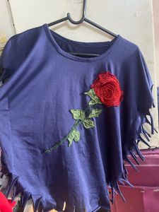 Unique Navy Top with Red Rose Applique