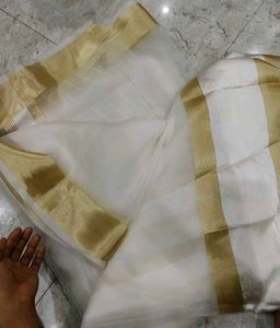Elegant White Organza Saree with Gold Border