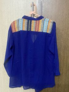 Blue Sheer Button-Up Top with Patterned Yoke