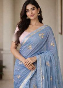 Elegant Blue Embroidered Saree with Pink Blouse