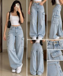 Light Wash Wide Leg Cargo Jeans