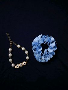 Elegant Pearl Bracelet &amp; Blue Scrunchie