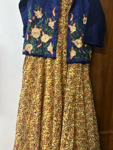 Embroidered Blue Jacket with Yellow Kurta