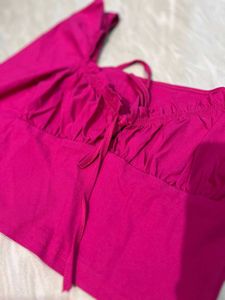 Hot Pink Tie-Front Puff Sleeve Top