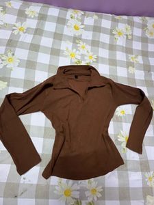 Brown Collared Long Sleeve Top