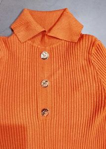 Bodycon Orange Ribbed Button-Up Top