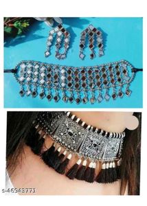 Oxidized Silver Jhumka &amp; Necklace Set