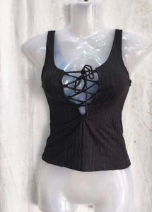 Black Lace-Up Ribbed Tank Top