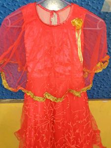 Kids Beautiful Coral Net Gown with Gold Trim