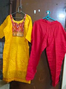 Yellow Kurta Set with Red Pants