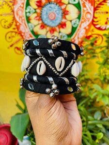 Boho Black Bangles with Cowrie Shells & Bells