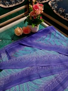 🌈Beautiful BluePurple Printed Saree With Blouse🌈