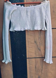 White Off-Shoulder Cropped Knit Top