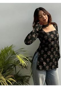 Beautiful Black Floral Print short Kurta