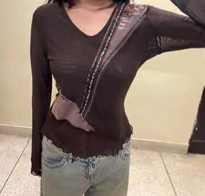 Brown Sheer Long Sleeve Top