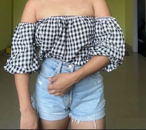 Gingham Smocked Off The Shoulder Ballon Blouse