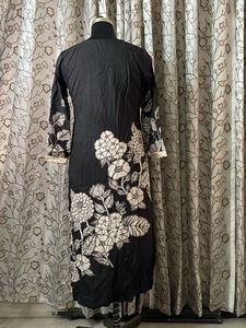 Black Kurta with White Floral Print
