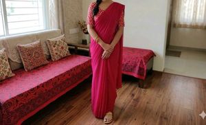 Elegant Red Saree with Printed Blouse