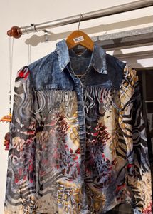Unique Denim & Print Fringe Shirt