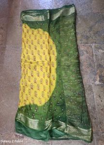 Vibrant Yellow & Green Block Print Saree