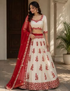 White & Red Embroidered Lehenga Choli Set