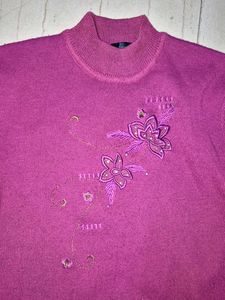 Purple Mock Neck Embroidered Sweater