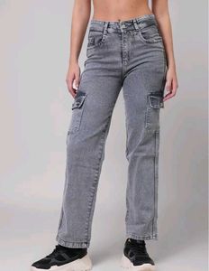women dark grey washed Cargo Jeans