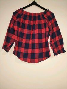 Off Shoulder Red &amp; Navy checkered Top