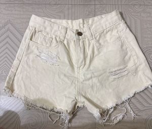 Cream Distressed Denim Shorts