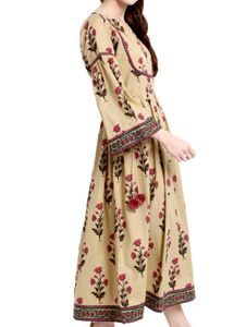Beige Block Print Boho Kurta with flare