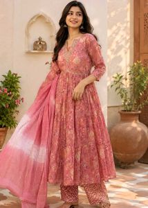 Elegant Pink Floral Anarkali Kurta Set