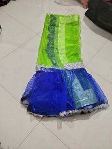 Blue N Green Combination Saree With Silver Bolouse