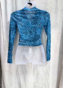 22279. Blue Paisley Print Button-Up Top