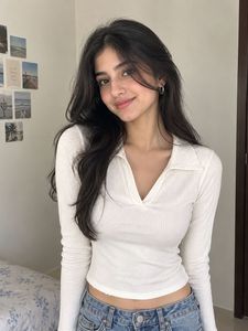 White Ribbed collared Long Sleeve crop Top