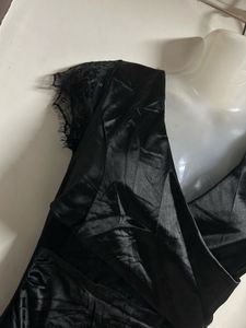 Elegant Black Satin Dress with Lace Sleeves