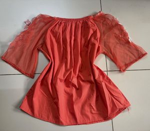 Coral Off-Shoulder Mesh Sleeve Top