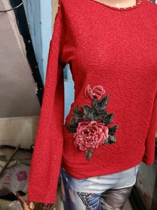 Red Cold Shoulder Sweater with Floral Applique