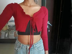 Maroon Ribbed Tie-Up Crop Top