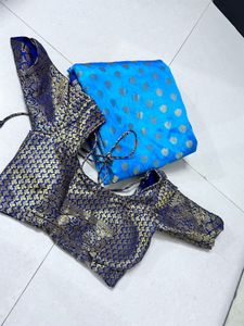 Elegant Blue &amp; Gold Banarasi Silk Saree