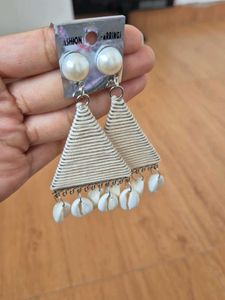 Unique Triangle Earrings with Pearl &amp; Shell Drops