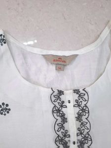White Cotton Kurta with Black Embroidery