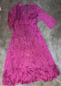 Magenta Tiered Maxi Dress with Embroidered V-Neck