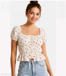 Cream Strawberry Print Lace-Up Peplum Top