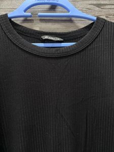 Black Puff Sleeve Ribbed Dress