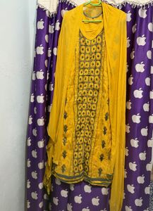 Pretty yellow grey cotton kurta with dupatta